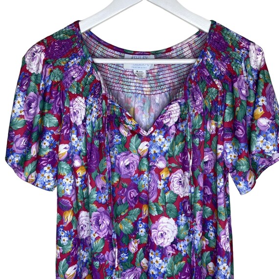 Vintage Purple Floral Smocked Neck Short Sleeve K… - image 3