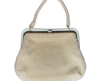 Vintage 50s 60s Beaded Faux Pearl Kiss-Lock Top Handle Formal Hand Bag