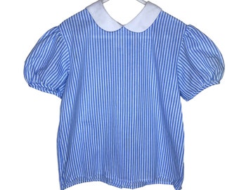 Vintage 80s Girls Blue & White Striped Short Sleeve Blouse, Peter Pan Collar, 6X