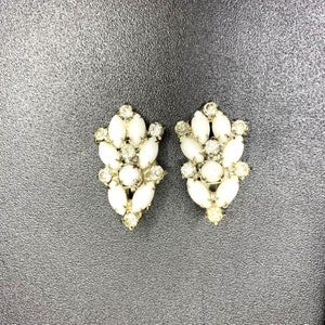 Vintage 50s 60s MCM White & Clear Rhinestone Clip-On Statement Earrings, Bridal Earrings