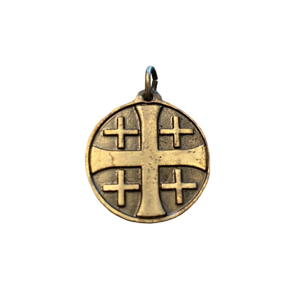 Vintage Jerusalem Cross Brass-Toned Pendant, 1" Round