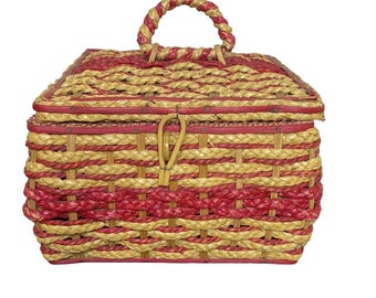 Vintage Square Wicker Sewing Basket, Satin-Lined, Made in Japan, 7x7x5