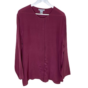 Vintage 80s 90s 100% Silk Purple Long Sleeve Tunic Length Blouse, Size Large