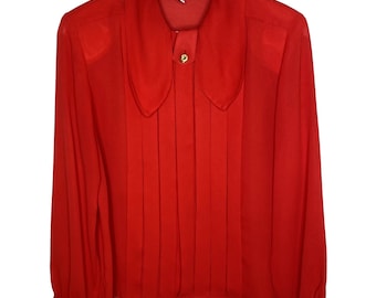Blouse secrétaire plissée rouge transparent vintage des années 80, col oversize, taille 8