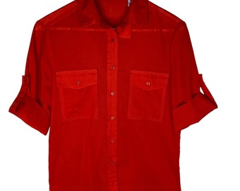 Vintage 70s Red Button-Up Casual Blouse, Weekend Wear, 1/2 Sleeve, Size 12
