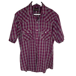 Vintage 70s 80s Maroon Plaid Short Sleeve Western Shirt, Pearl Snaps, Rockabilly