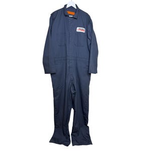 May include: A navy blue work overall with long sleeves and a collar, hanging on a white hanger. The overall has two chest pockets and a patch that reads "Schneider". The overall is made of a durable material.