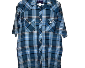 Vintage Wrangler blauw geruit western rockabilly-shirt, x-long pareldrukknopen, 17 l