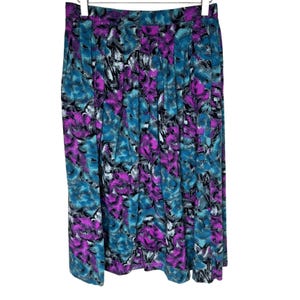 Vintage 80s Blue & Purple Floral Print Pleated Midi Skirt, Size Medium