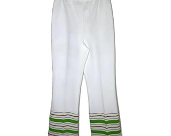 Pantaloni a zampa d'elefante da donna Sears, bianchi, in poliestere, con strisce verdi, stile vintage anni '70.