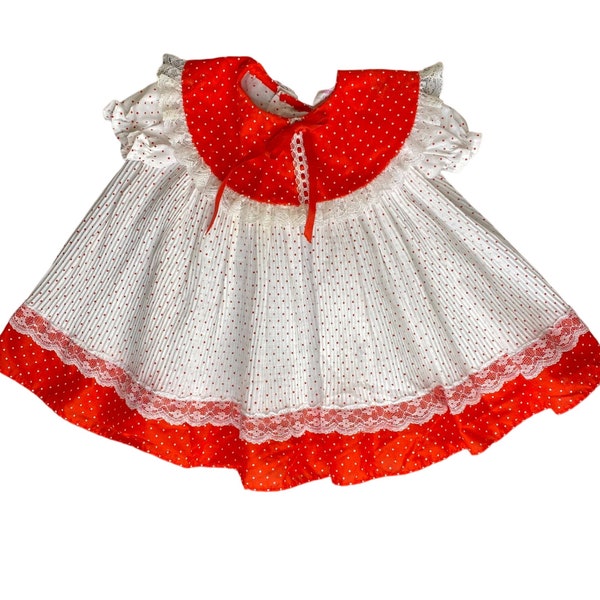 Vintage 80s Baby Girl Red and White Polka Dot Pleated Dress, Peter Pan Collar, 18 months