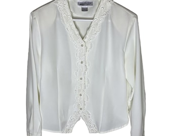 Vintage 80s White Long Sleeve Lace Trim Dainty V-Neck Blouse, Size 8