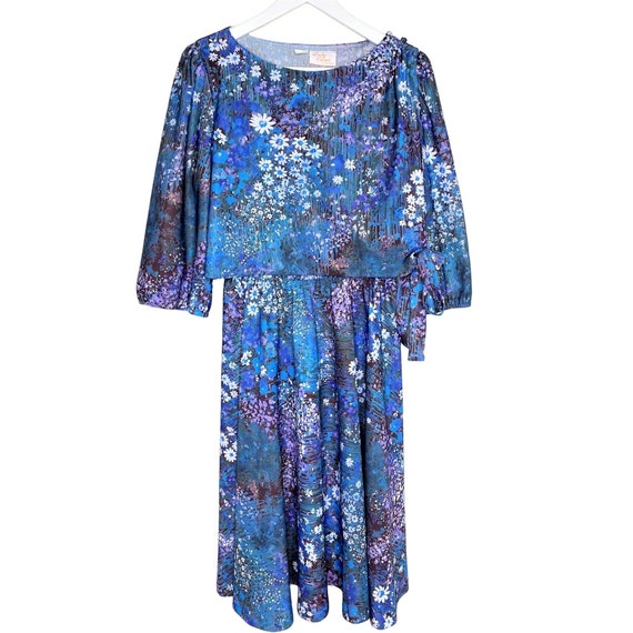 Vintage 70s 80s Blue Floral Dress, Layered Top, T… - image 1