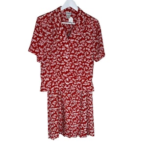 Vintage 80s 2-Piece Red Floral Print Blouse Skirt Set, Peplum Blouse, Midi Skirt, Medium