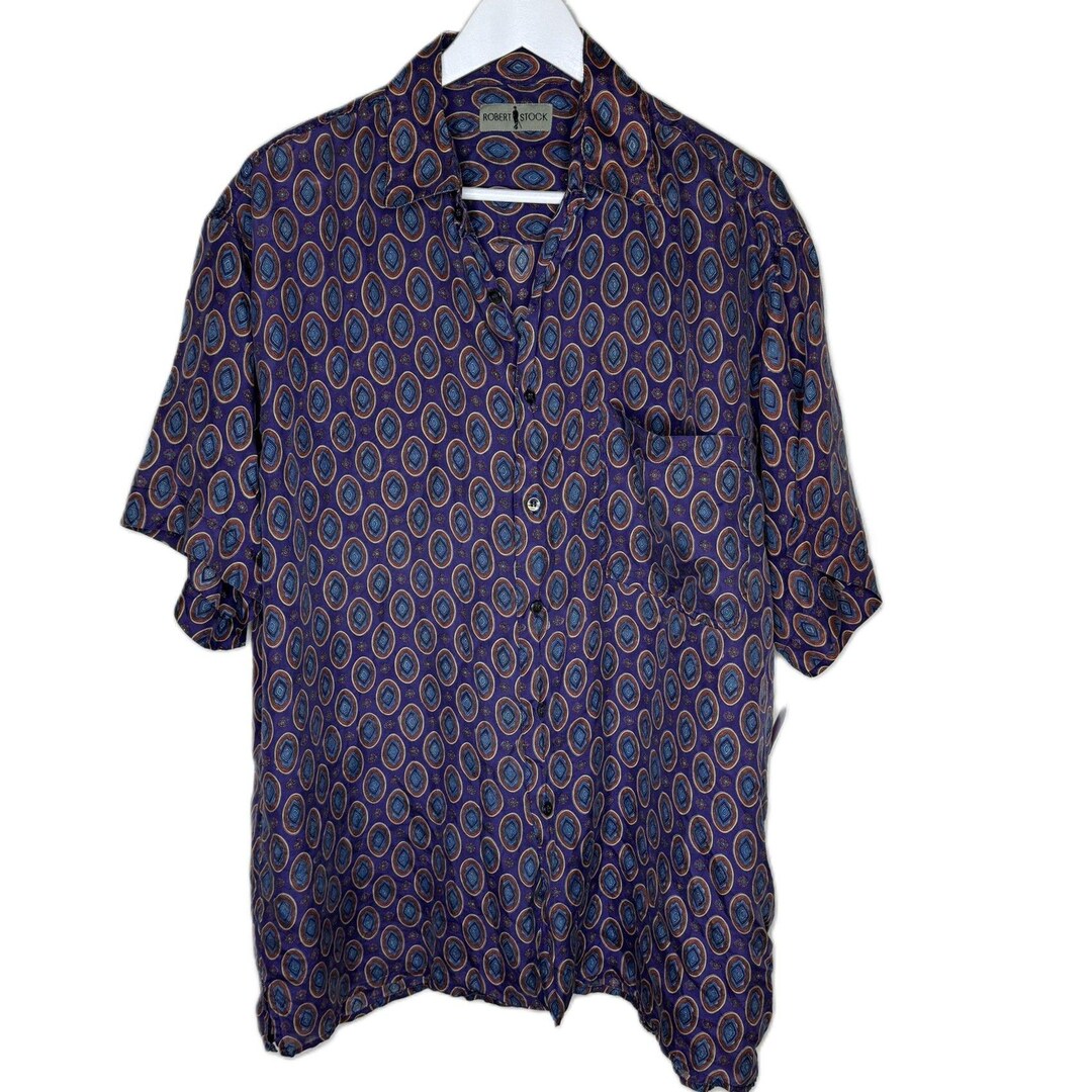 Vintage 90s Men's Purple Patterned 100% Silk Short Sleeve