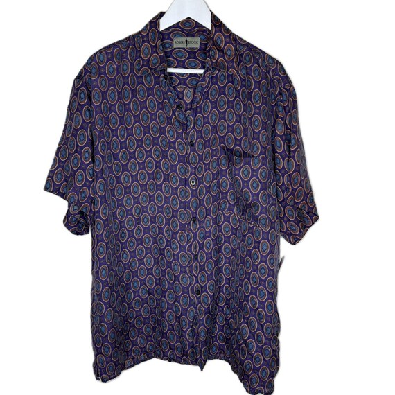 Vintage 90s Men's Purple Patterned 100% Silk Short Sleeve