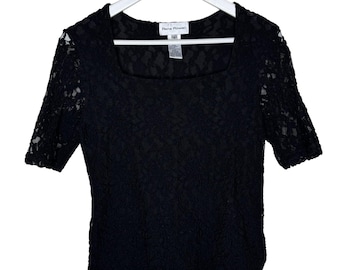 Vintage 90s Black Lace Square Neck Top, Sheer Sleeves, Going Out Top, Size Small