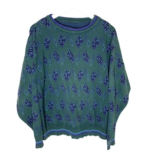 Vintage 90s Green & Blue Patterned Ugly Grandpa Sweater, Retro Sweater, Size S/M