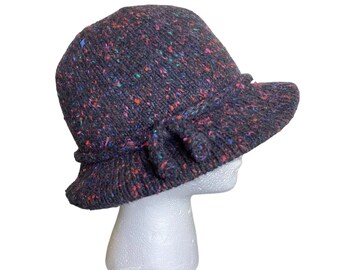 Vintage 80s Women's Black Wool Confetti Cloche Style Hat