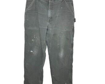 Pantalones de carpintero Carhartt vintage de los años 90, color verde grisáceo, forrados de franela, B111, 36x30