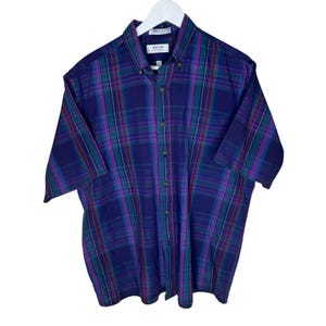 Vintage 80s Arrow Sport Purple & Blue Plaid Short Sleeve Button-Up Shirt, Large