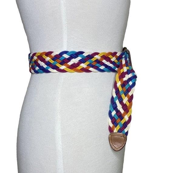 Vintage 70s 80s Braided Cotton Rainbow Belt, Bras… - image 3