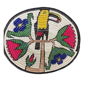 Plato de cesta tejido a mano vintage Embera Wounaan con tucán en una rama, 11,5 x 10 pulgadas.