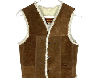 J&A Leathers vintage des années 70 pour enfants en cuir suédé marron, doublé de sherpa, taille 12/14