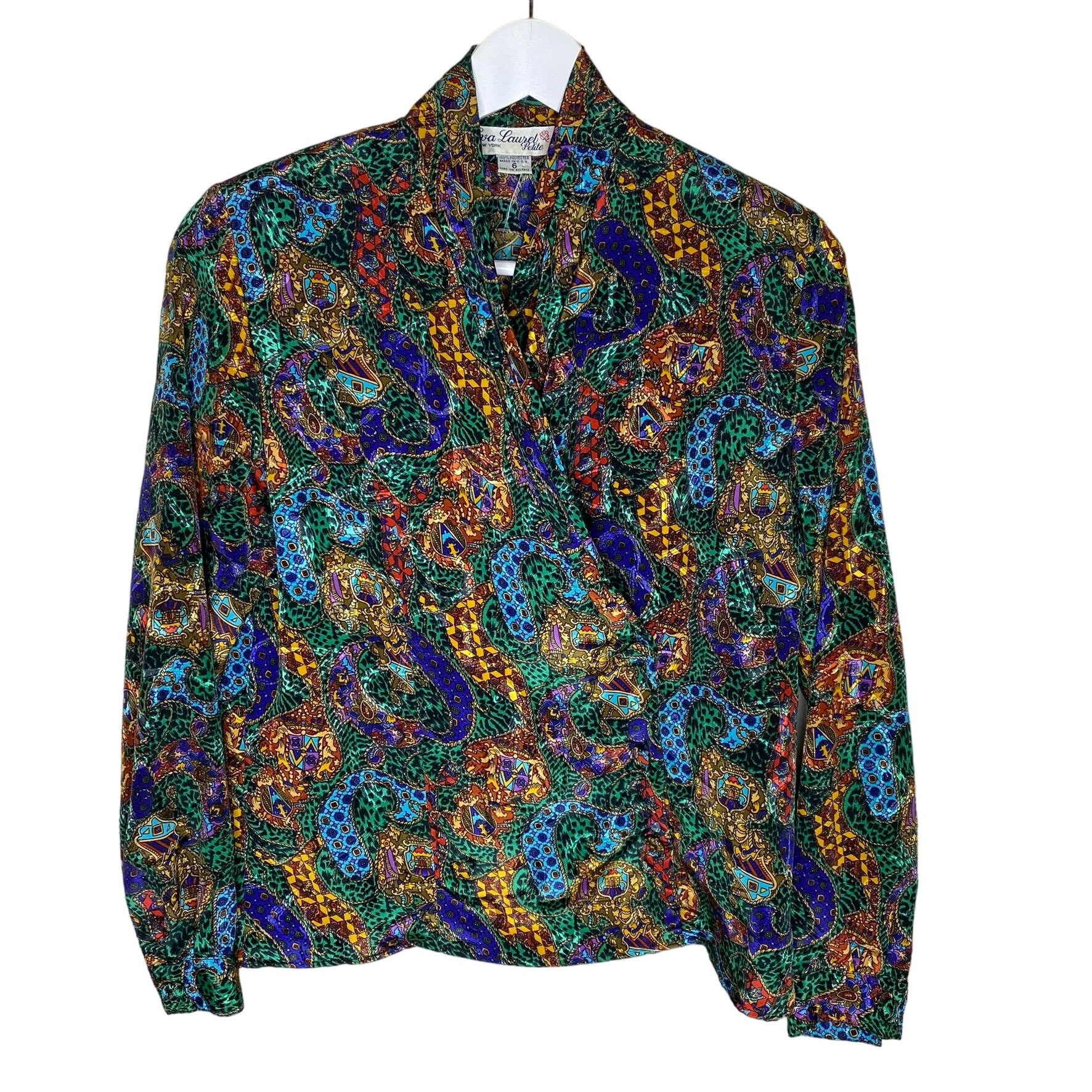 Vintage 70s Colorful Paisley Print High-neck Wrap Blouse 