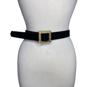Vintage Black Velvet Belt With Gold-Tone Square Buckle