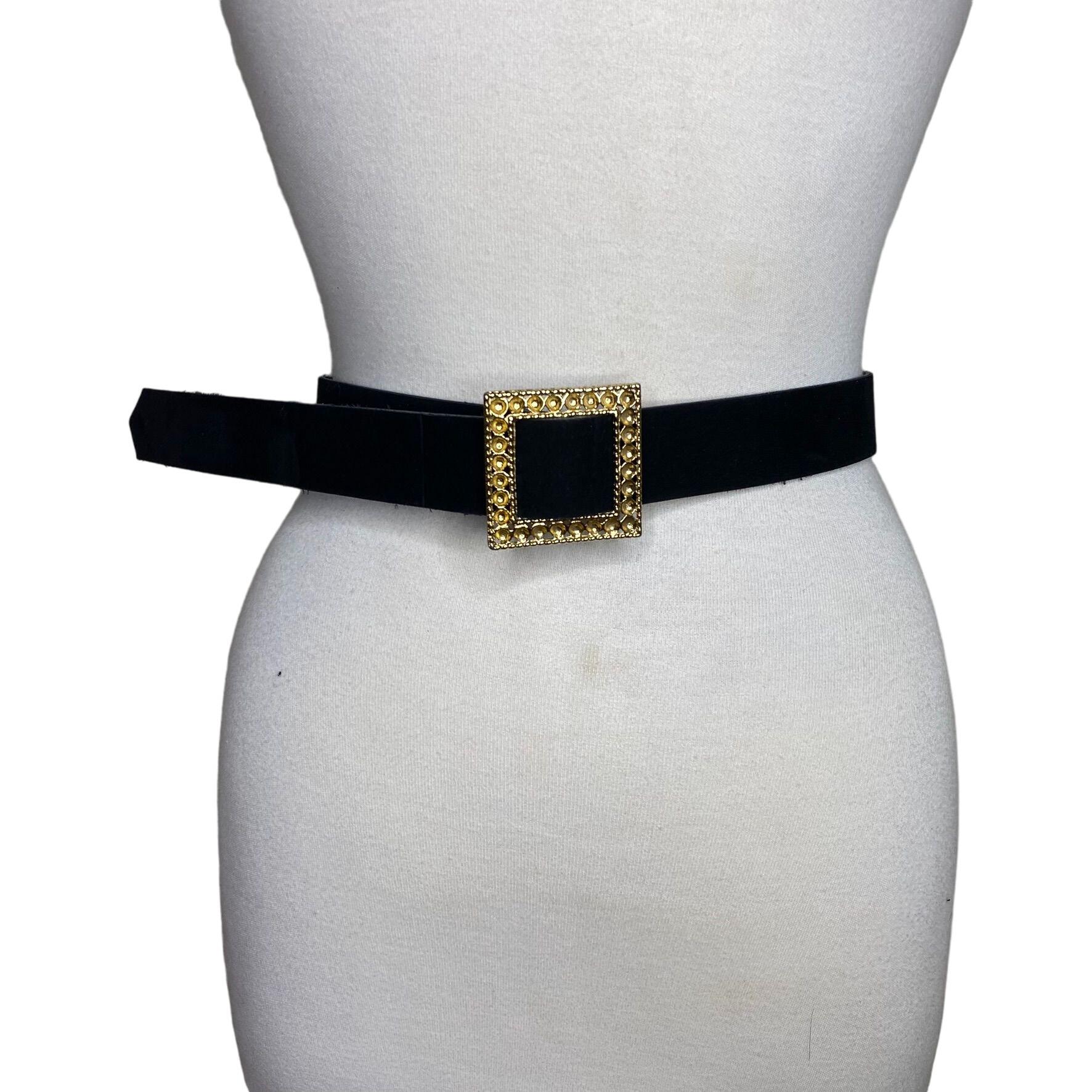 Vintage Black Velvet Belt With Goldtone Hardware M Wide Vintage 90s Black Leather Belt M Ornate Fancy Gold Tone  main image 4