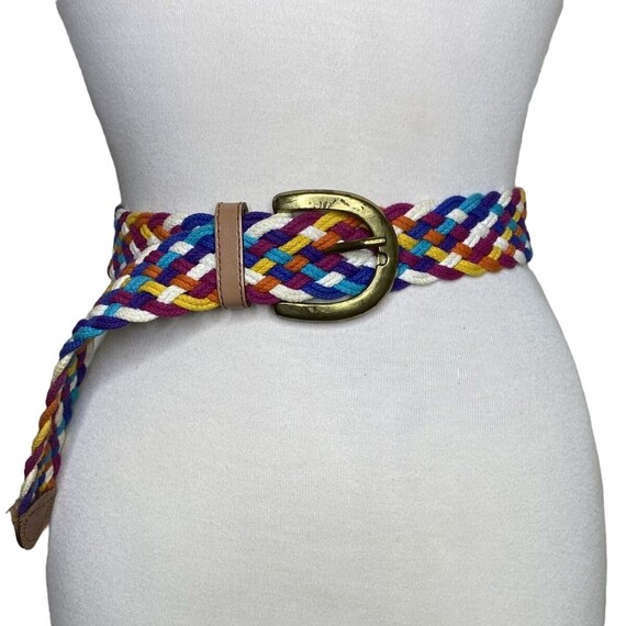 Vintage 70s 80s Braided Cotton Rainbow Belt, Bras… - image 1