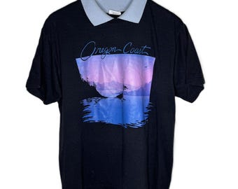 Vintage 80er Jahre Schwarzes Touristik T-Shirt mit Kragen, Kurzarm, Large