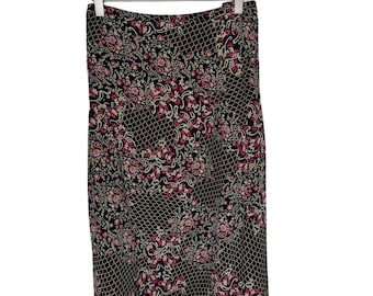 Vintage 90-tals Y2K Pendleton svart & rosa blommig midikjol i 100 % siden, storlek 18