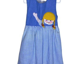 Vintage jaren '80 Blauw & Wit Gestreepte Overgooier Jurk, Schattig Meisje Applique, Maat 6X