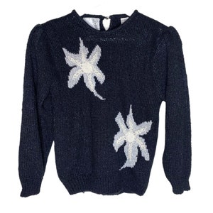 Vintage 80er Jahre Schwarzer Strick-Pullover, Perle & Metallic Florale Akzente, Größe Medium