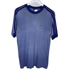 Vintage 80s Adidas Trefoil 3-Stripe Blue Perfectly Worn-In T-Shirt, Size Large
