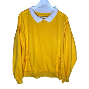 Felpa vintage da donna, gialla, a maniche lunghe, con colletto e tasche, taglia M