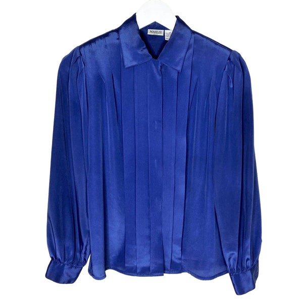 Vintage 70s 80s Blue Satin Pleated Front Secretary Blouse, Size 2 Petite