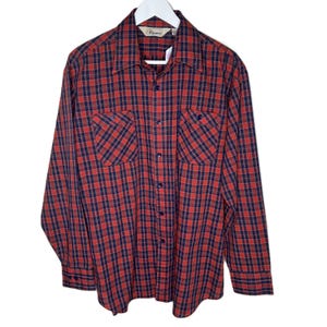 Vintage 80s 90s Kinsgport Red Plaid Long Sleeve Button-Up Shirt, Size Large