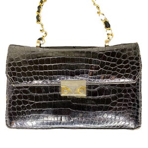 Vintage 50s 60s Black Crocodile Embossed Leather Chain Shoulder Bag