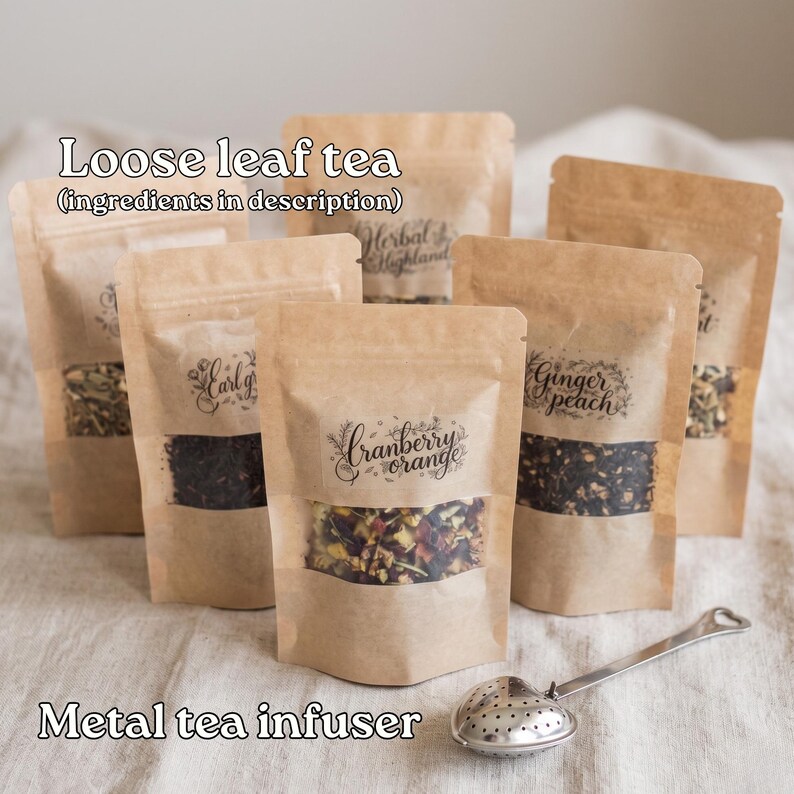 loose leaf tea bags and a metal tea infuser, with the text "Loose leaf tea (ingredients in description)" and "Metal tea infuser" displayed.