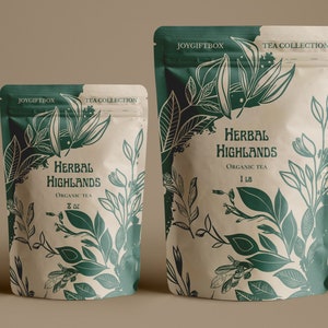 May include: Two brown paper bags with green leafy designs. The larger bag says "Herbal Highlands Organic Tea 1 LB" and the smaller bag says "Herbal Highlands Organic Tea 8 oz".