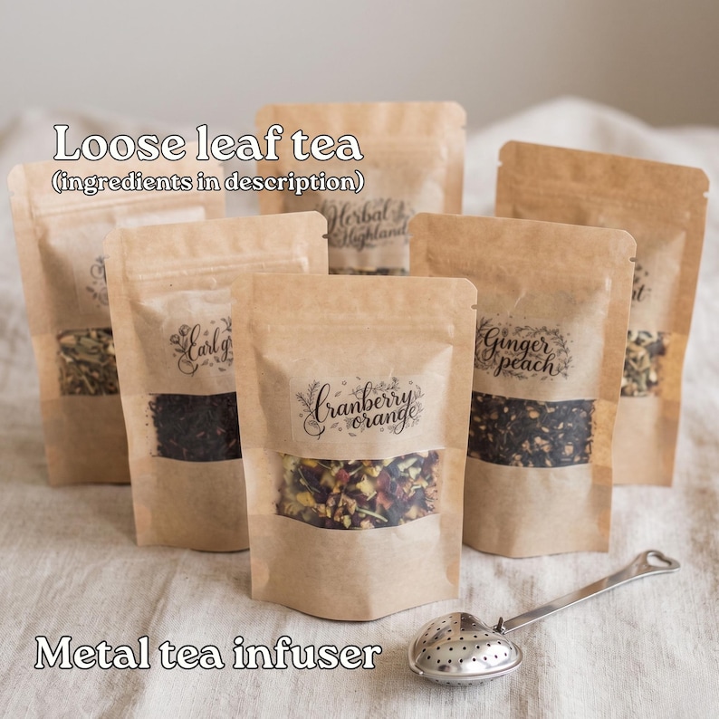loose leaf tea bags and a metal tea infuser, with the text "Loose leaf tea (ingredients in description)" and "Metal tea infuser" displayed.