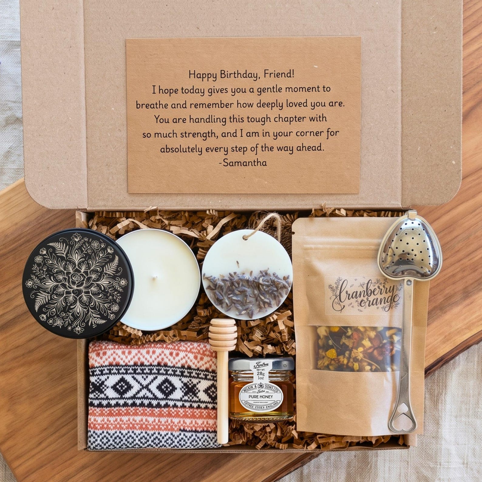 Organic Tea Gift Set with Candle, Honey, Socks | Cozy Self-Care Box