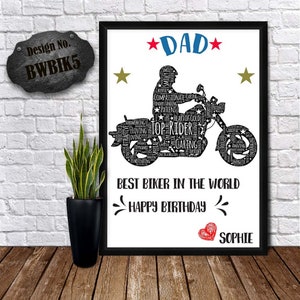 BIKE WORD ART - Biker Dad Gifts - Custom Greeting Cards - Card For Daddy - Personalized Word Art - Happy Birthday Pappa - Loving Dad Poster