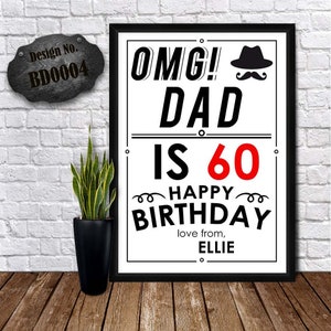 60º ANIVERSÁRIO DO PAI - Presente especial para o papai - Cartão para o papai - Amor do filho - Bigode e chapéu - Impressão emoldurada personalizada - Cartão do padrasto