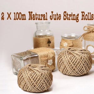 2 X 100m Natural Brown Jute Thread Rustic Hessian Twine String Hemp Rope Cord Bundle for Garden Decoration, Wrapping Gifts, Christmas Xmas