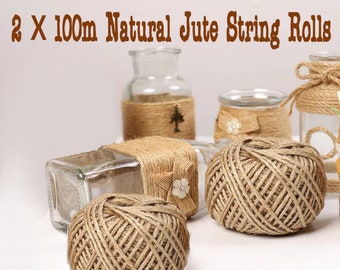 2 X 100m Natural Brown Jute Thread Rustic Hessian Twine String Hemp Rope Cord Bundle for Garden Decoration, Wrapping Gifts, Christmas Xmas