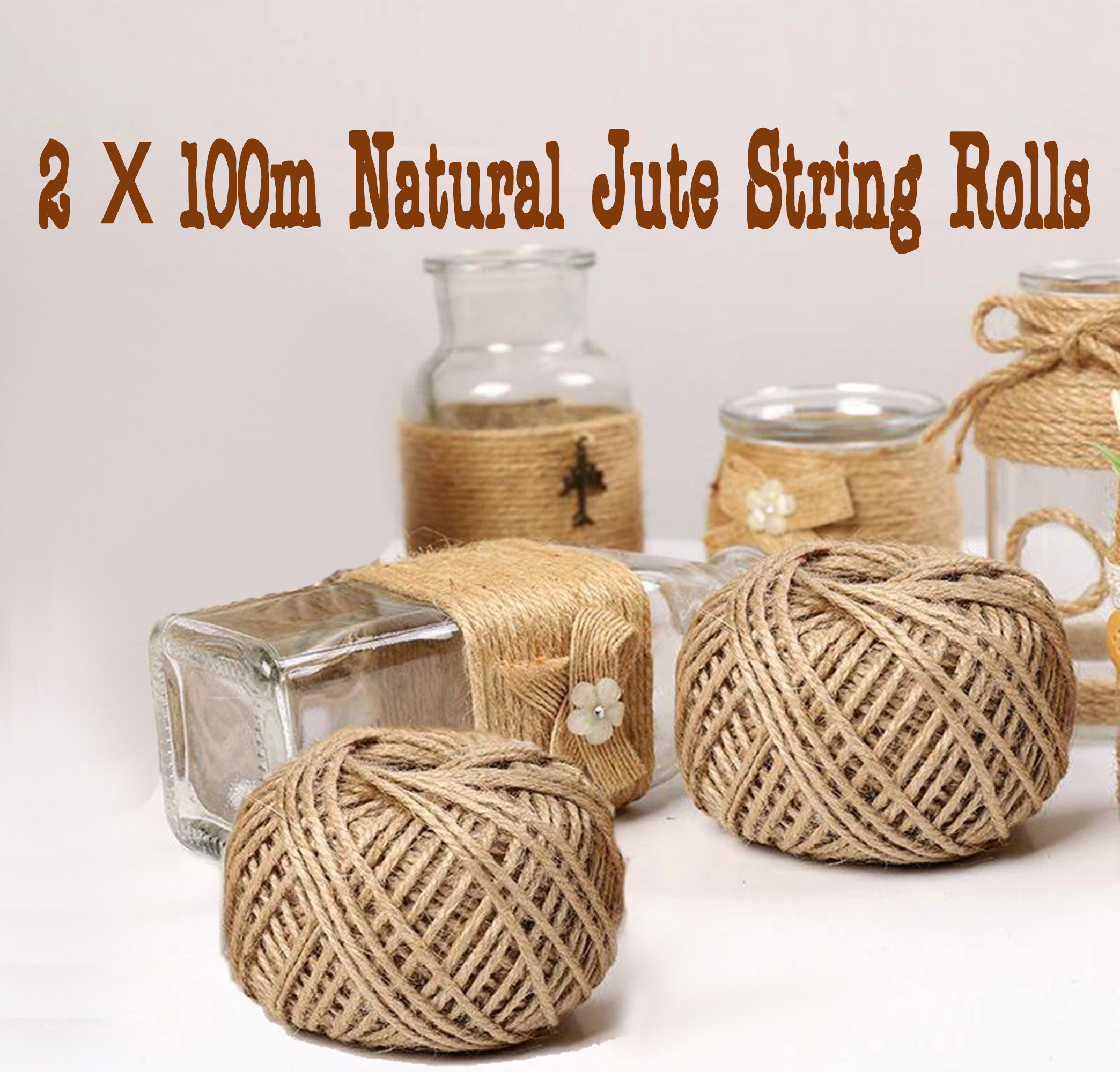 2 X 100m Natural Brown Jute Thread Rustic Hessian Twine String Hemp Rope  Cord Bundle for Garden Decoration, Wrapping Gifts, Christmas Xmas
